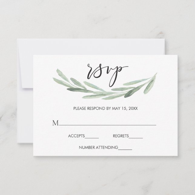 Rustic Green Olive Branch Simple Wedding RSVP Card (Front)