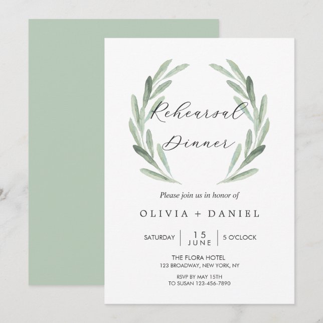 Rustic Green Olive Branch Wreath Rehearsal Dinner Invitation (Front/Back)