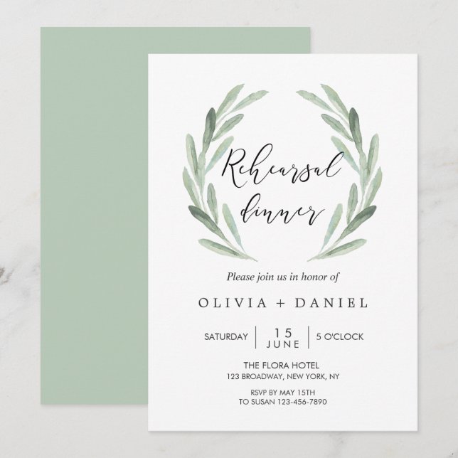 Rustic Green Olive Branch Wreath Rehearsal Dinner Invitation (Front/Back)