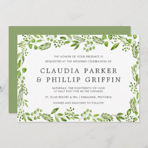Rustic Green Olive Leaf Frame Horizontal Wedding Invitation