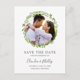 Rustic Green Olive Leaf Wreath Photo Save the Date Announcement Postcard