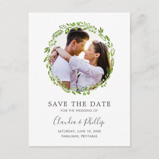 Rustic Green Olive Leaf Wreath Photo Save the Date Announcement Postcard (Front)