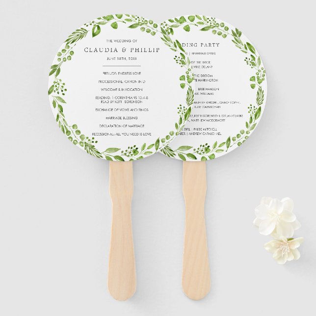 Rustic Green Olive Wreath Wedding Program Hand Fan (Front and Back)