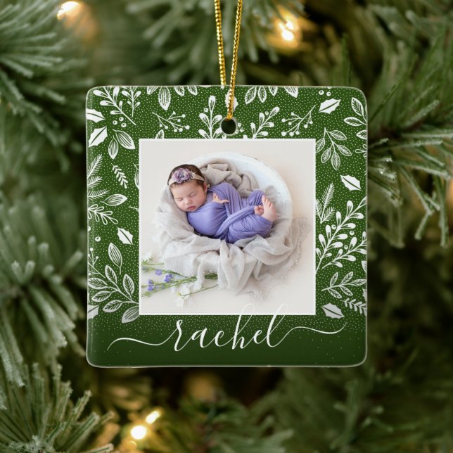 Rustic Green Photo Ornament with Greenery (Tree)