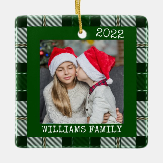 Rustic Green Photo Plaid Christmas Ornament (Front)