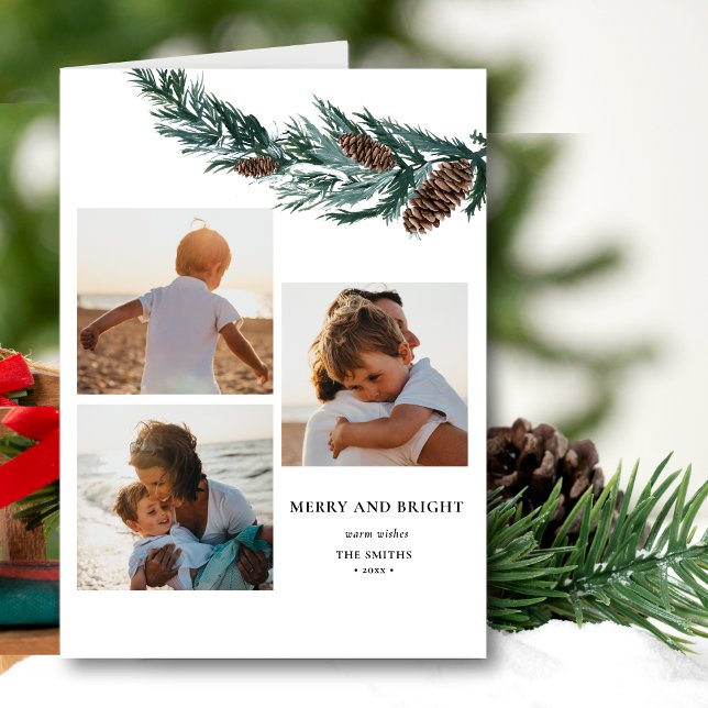 Rustic Green Pine Cone Bough Photo Collage Holiday Card (Creator Uploaded)