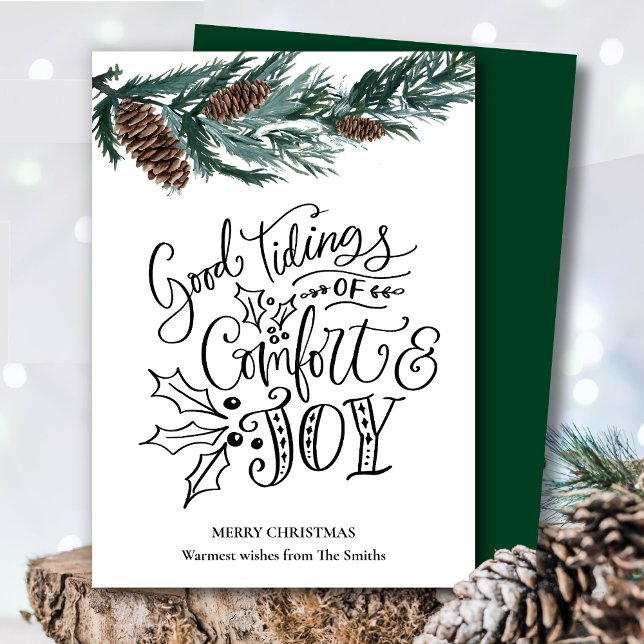 Rustic Green Pine cone Good Tidings of Comfort Joy Holiday Card (Creator Uploaded)