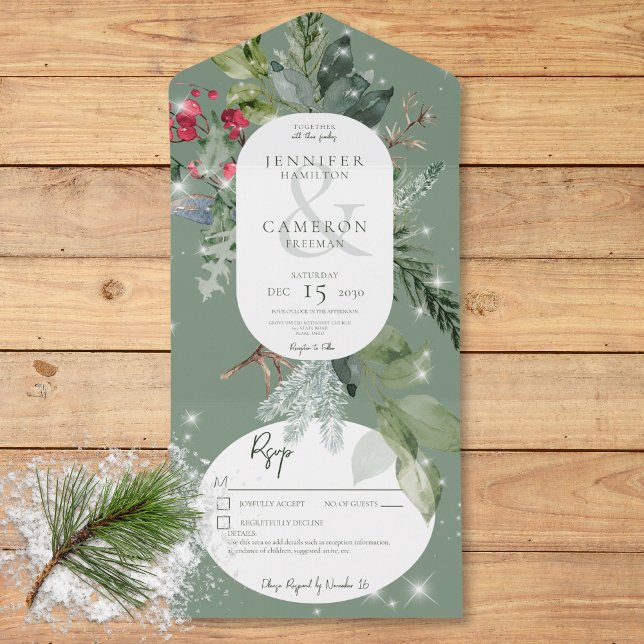 Rustic Green Pine & Holly Winter Sparkle Details All In One Invitation (Rustic Green Pine & Holly Winter Sparkle Details All In One Invitation)