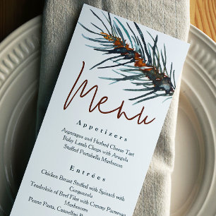 Rustic Green Pine Needles Reception Dinner Menu Invitation
