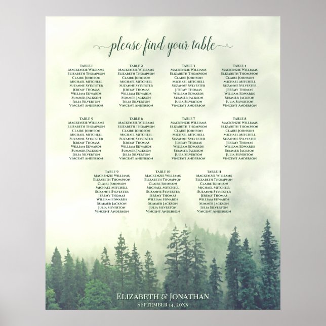 Rustic Green Pine Trees 11 Table Seating Chart (Front)
