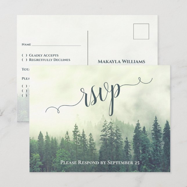 Rustic Green Pine Trees Outdoor Wedding RSVP Postcard (Front/Back)
