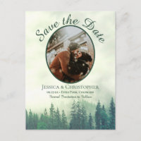 Rustic Green Pine Wedding Save the Date Oval Photo