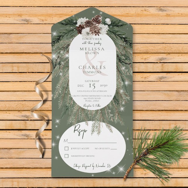 Rustic Green Pine Winter Sparkle No Dinner All In One Invitation (Also available with a QR code or with dinner selection options.)