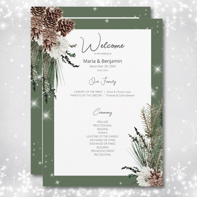 Rustic Green Pine Winter Sparkle Wedding Program (Rustic Green Pine Winter Sparkle Wedding Program)