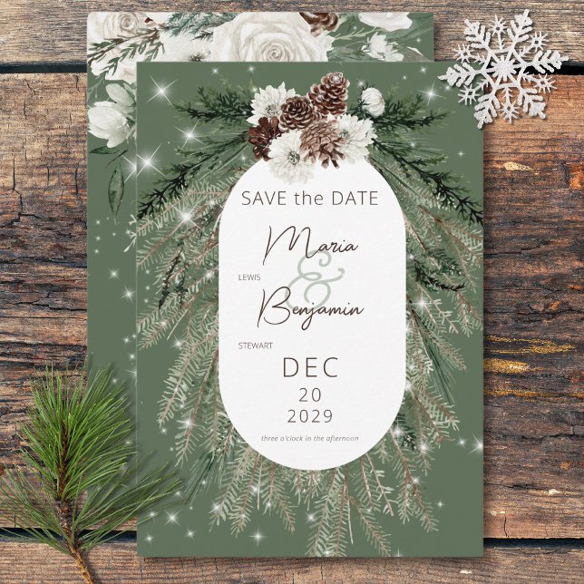 Rustic Green Pine Winter Sparkle Wedding Save The Date (Rustic Green Pine Winter Sparkle Wedding Save The Date)
