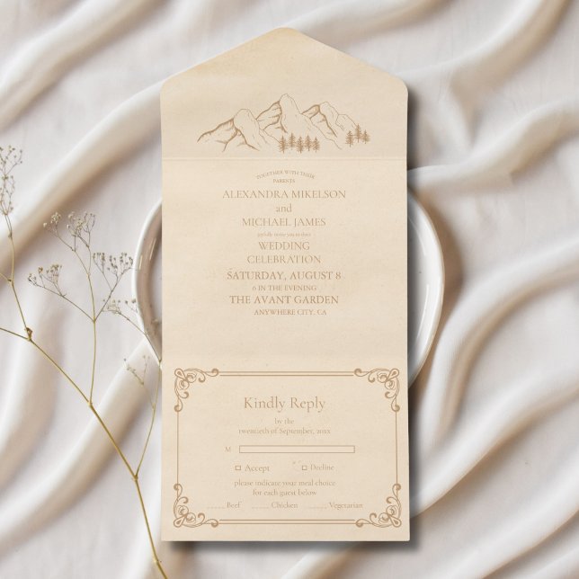 Rustic Green Pine Woods Mountain Sketch Wedding All In One Invitation (Creator Uploaded)