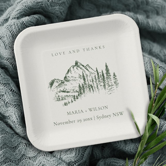 Rustic Green Pine Woods Mountain Sketch Wedding Paper Plate (Creator Uploaded)