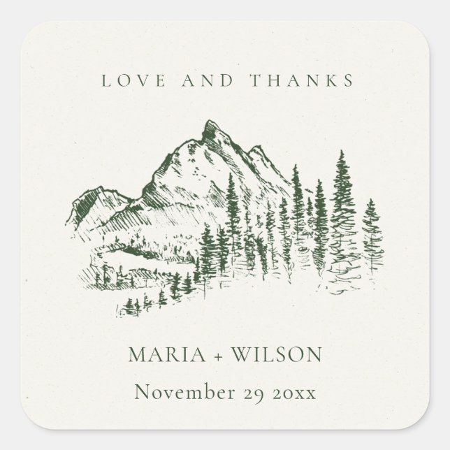 Rustic Green Pine Woods Mountain Sketch Wedding Square Sticker (Front)
