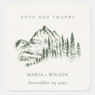 Rustic Green Pine Woods Mountain Sketch Wedding Square Sticker