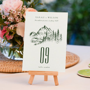 Rustic Green Pine Woods Mountain Sketch Wedding Table Number