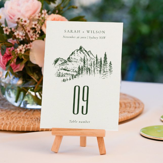 Rustic Green Pine Woods Mountain Sketch Wedding Table Number (Creator Uploaded)