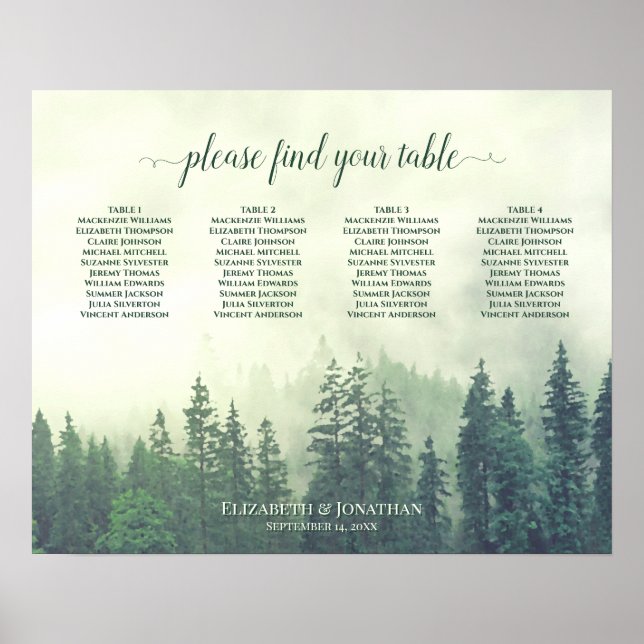 Rustic Green Pines 4 Table Wedding Seating Chart (Front)