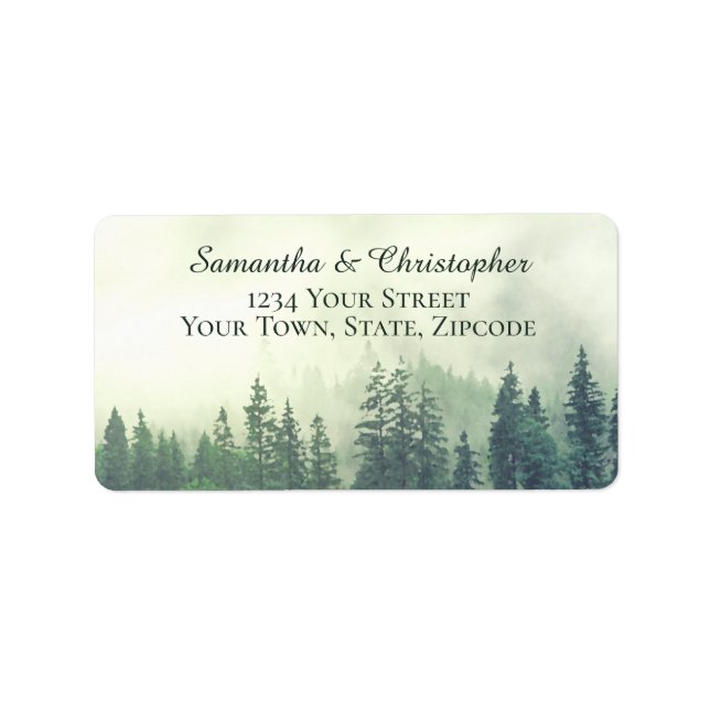 Rustic Green Pines Foggy Mountains Wedding Address Label (Front)