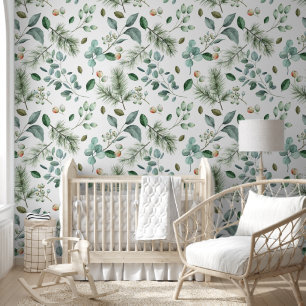 Rustic Green Pines & Leaf Pattern Wallpaper