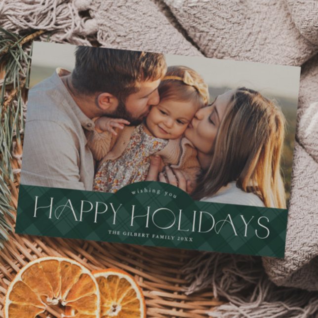 Rustic Green Plaid 2 Photo Happy Holiday Card (Rustic green plaid christmas 3 photo holiday card.)