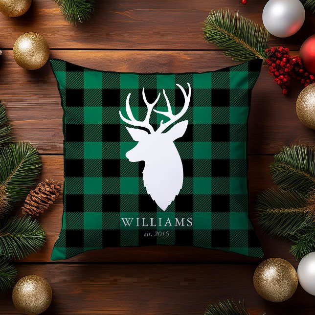 Rustic Green Plaid and Reindeer Christmas Throw Pillow (Creator Uploaded)
