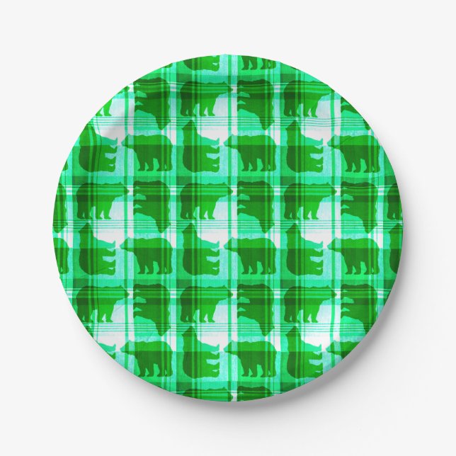 Rustic green plaid bears paper plates (Front)