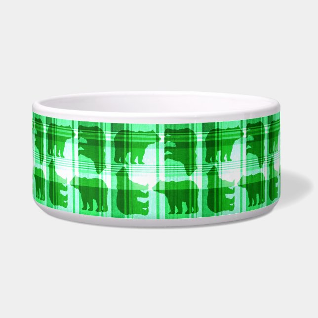Rustic green plaid bears pet bowl (Front)