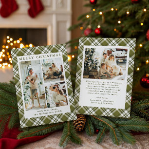 Rustic Green Plaid Christmas Family Photo Collage Holiday Card