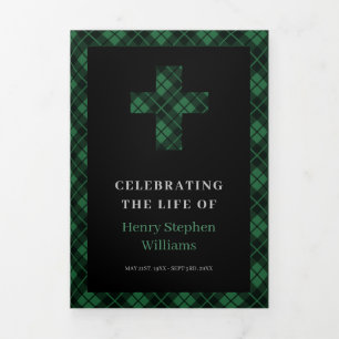 Rustic Green Plaid Cross Funeral Memorial Tri-Fold Programme