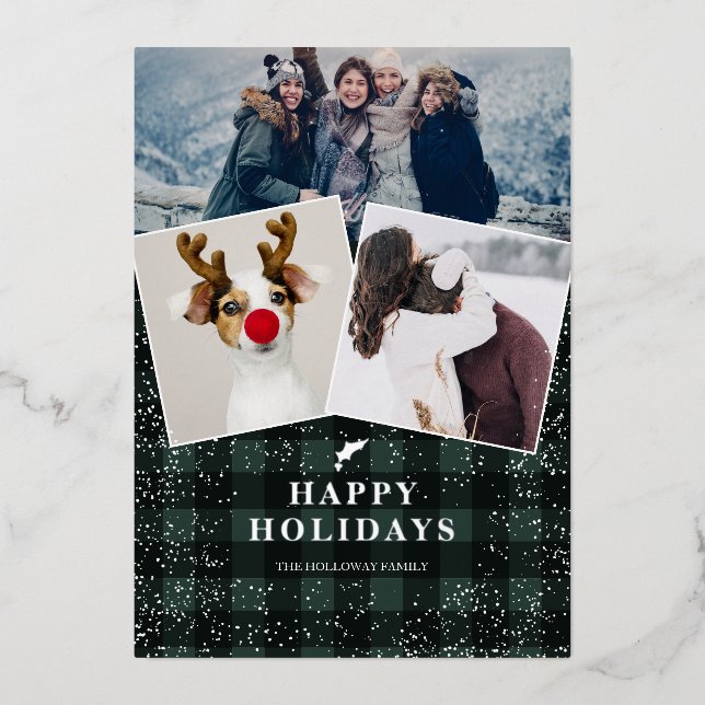 Rustic green plaid flannel mistletoe snow 3 photos foil holiday card (Front)