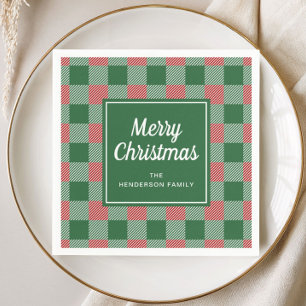 Rustic Green Plaid Merry Christmas Napkin