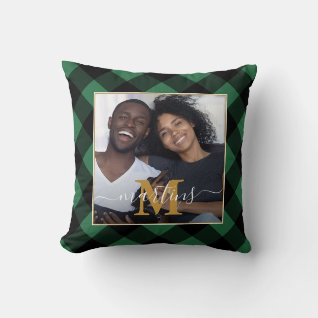 Rustic Green Plaid Monogram and Name Photo Throw Pillow (Front)