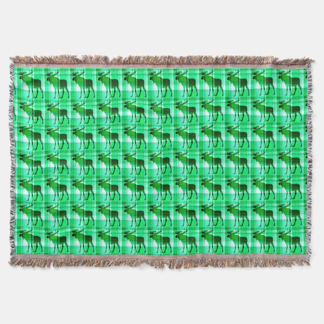 Rustic green plaid moose throw blanket (Front)