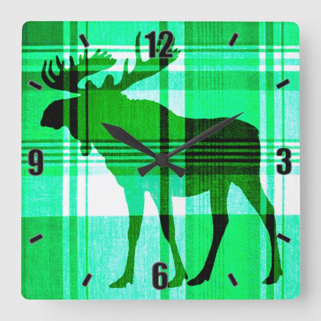 Rustic green plaid moose wall clock (Front)