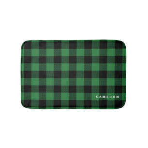 Rustic Green Plaid Pattern Holiday Personalized Bath Mat