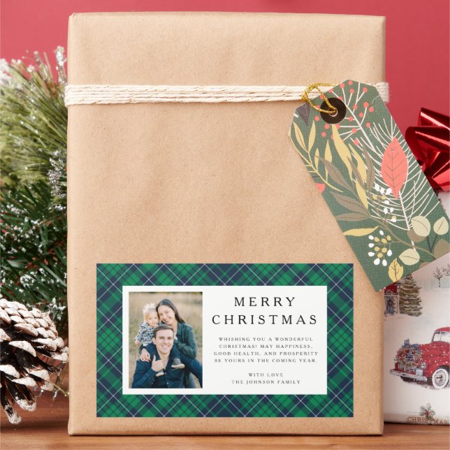 Rustic Green Plaid Photo Christmas Sticker (Holiday)