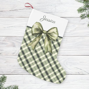 Rustic Green Plaid Watercolor Bow Script Name Small Christmas Stocking