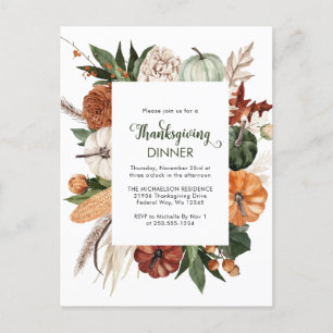 Rustic Green Pumpkin Thanksgiving Dinner Invite Postcard