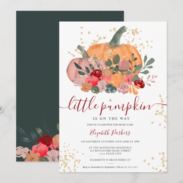 Rustic green red floral pumpkin fall baby shower invitation (Front/Back)