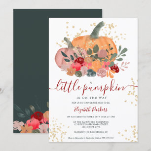 Rustic green red floral pumpkin fall baby shower invitation