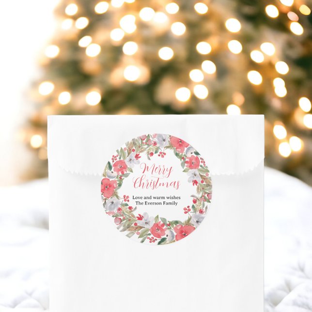 Rustic green red floral wreath merry Christmas Classic Round Sticker (Rustic green red floral wreath merry Christmas Classic Round Sticker)