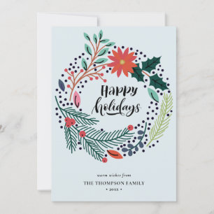 Rustic Green Red Poinsettia Floral Wreath Simple Holiday Card