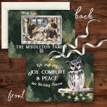 Rustic Green Snowy Owl Christmas Family Photo  Holiday Card<br><div class="desc">A peaceful watercolor snowy owl quietly sits on a branch in the dark green forest with snow falling. You can almost hear the silence. This card is beautiful and rustic feeling, and speaks to a feeling of peace and calm. You could give this card to your friends and family this...</div>