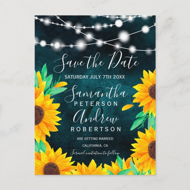 Rustic green string light sunflowers save the date announcement postcard (Front)