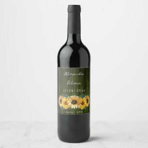 Rustic Green Sunflower Wedding Wine Label